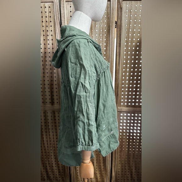 Free People Olive Army Green Hooded Jacket Button Down Shirt Top - Picture 6 of 6